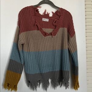 Frayed V-Neck Striped Sweater